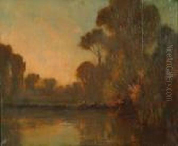 River Landscape With Horses Grazing Oil Painting by Augustus William Enness