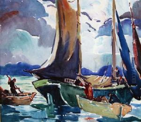 Sailboats Andfishermen Oil Painting by George Pearse Ennis