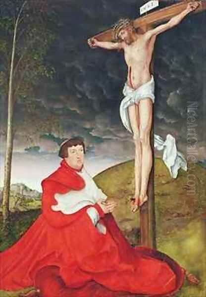 Albert Cardinal Elector of Mainz at the foot of the Cross Oil Painting by Lucas The Elder Cranach