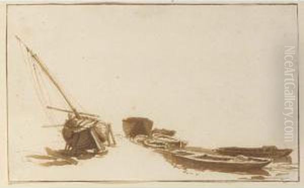 Study Of A Weyschuit On The Shore And Some Rowing Boats In The Water Oil Painting by Johannes Episcopius