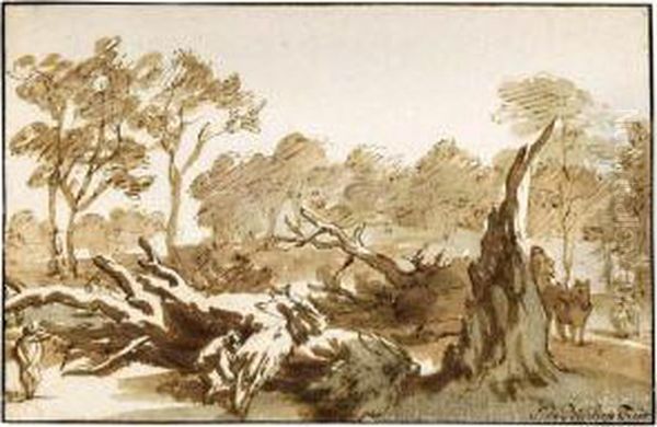 Riders And Figures By A Fallen Tree In The 'haagse Bos' Oil Painting by Johannes Episcopius