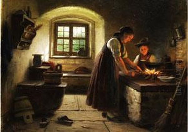 Bauerin Mit Tochter Am Offenen Herdfeuer Oil Painting by Rudolf Epp