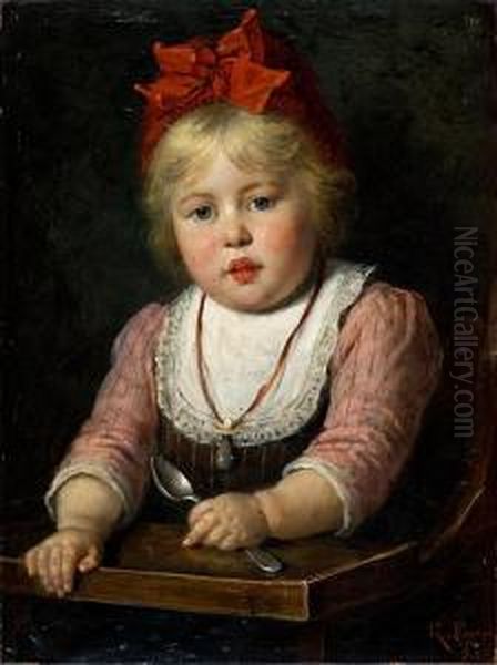 Dreijahriges, Blondes Madchen In Roter Haube Oil Painting by Rudolf Epp