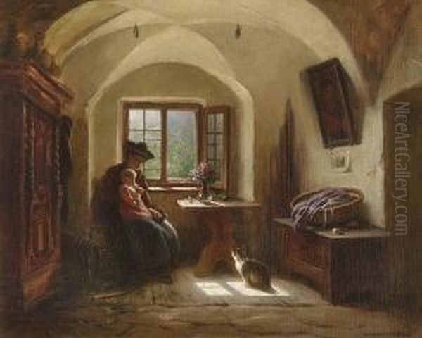 Mutter Mit Kind Am
 Fenster Oil Painting by Rudolf Epp