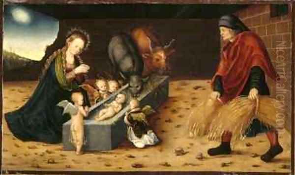 The Nativity with Adoring Child Angels Oil Painting by Lucas The Elder Cranach