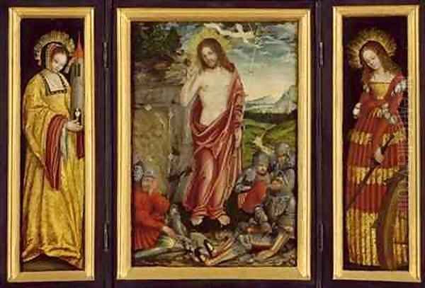 Small winged altar with the Resurrection of Christ St Barbara and St Catharine Oil Painting by Lucas The Elder Cranach