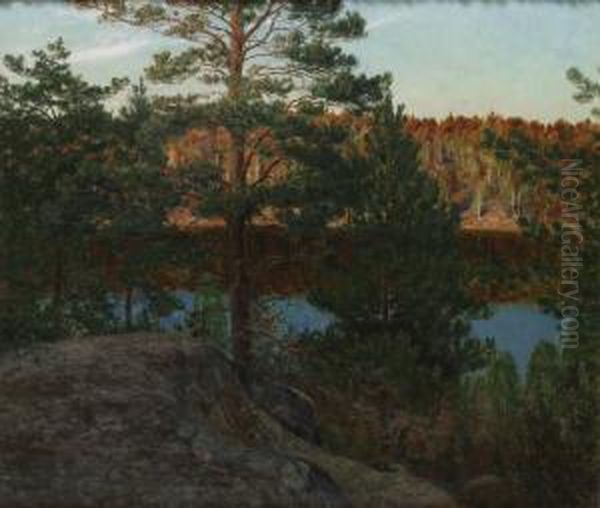 Insjo I Solnedgang Oil Painting by Elias Erdtman