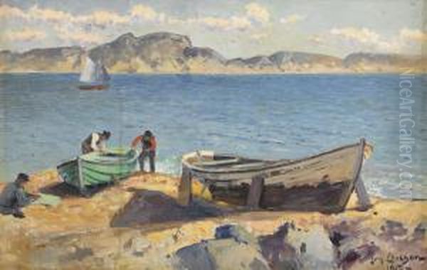 Strandparti Med Fiskare Och Uppdragna Batar - Motiv Fran Marstrand Oil Painting by Johan Erik Ericson