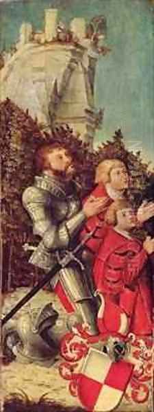 Portrait of a Knight with his two sons Oil Painting by Lucas The Elder Cranach