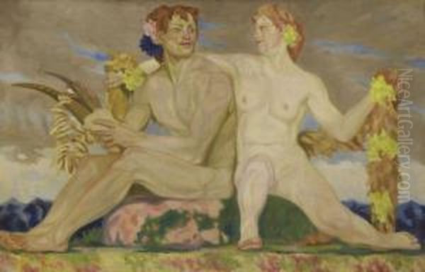 Pan Und Nymphe Oil Painting by Fritz Erler