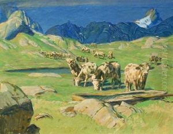 Weidende Kuhe In Einer Berglandschaft Oil Painting by Fritz Erler