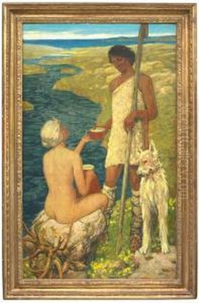 Fritz. A Shepherd Couple With Dog In A Nordic Coastal Landscape Oil Painting by Fritz Erler