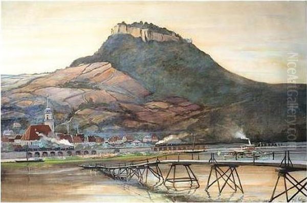 A Rhineland View, Signed And 
Dated 1917, Watercolour Heightened With White, 67 X 97 Cm.; 26 1/2 X 38 
In Oil Painting by Fritz Erler