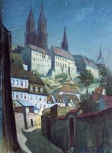 Blick Auf Die Albrechtsburg, Meissen, Von Der Leinewebergasse Aus Bei Nacht by Georg O. Erler