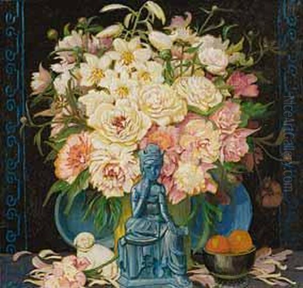 Buddha Vor Pfingstrosenstraus. Oil Painting by Erich Erler-Samaden