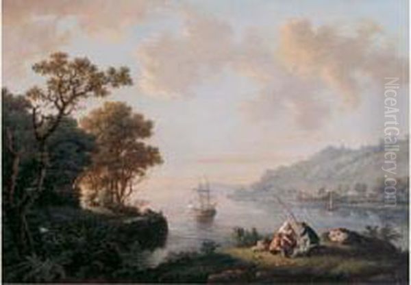 Paysage De Riviere Avec Pecheurs Oil Painting by Charles Eschard