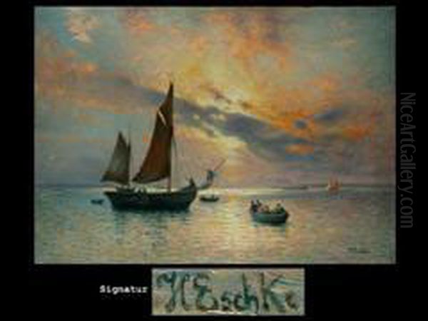 Fischerboote Im Abendlicht Oil Painting by Hermann Eschke