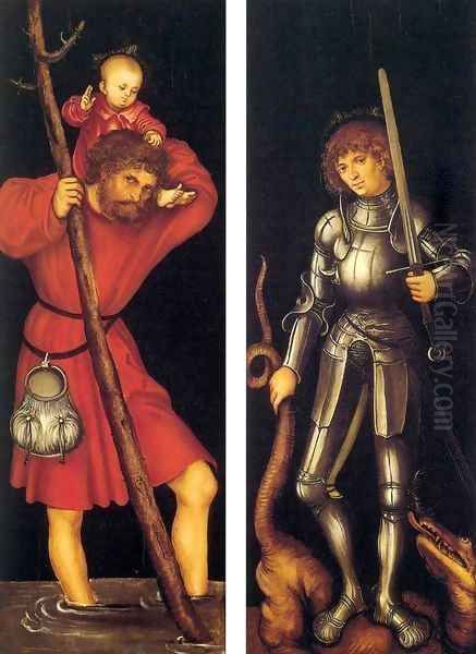 Sts Christopher and George (outer side) Oil Painting by Lucas The Elder Cranach