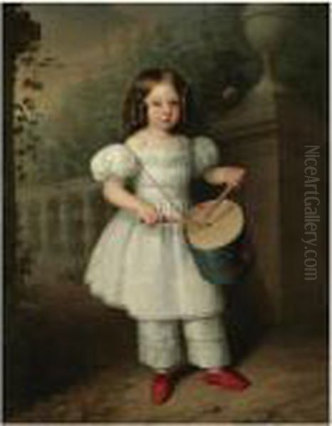 Nina Tocando El Tambor (girl Playing A Drum) Oil Painting by Antonio Maria Esquivel Y Suarez De Urbina