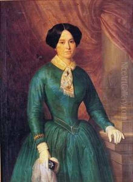 Retrato De Dama Joven De Tres Cuartos, Vistiendo Un Traje
 Verde Oil Painting by Antonio Maria Esquivel Y Suarez De Urbina