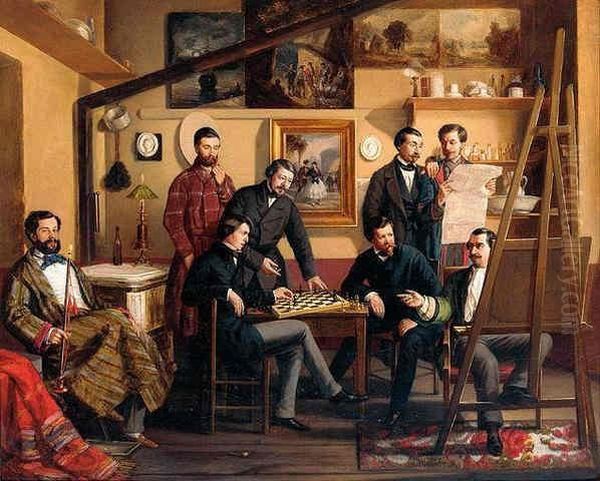 Studio Chess Game Oil Painting by Antonio Maria Esquivel Y Suarez De Urbina