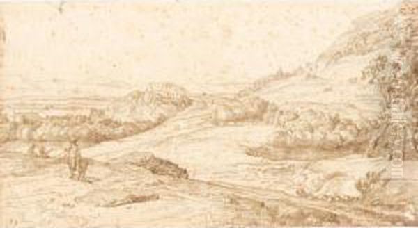 An Extensive Italianate Landscape With A Hunter, And A Distant Hilltop Castle Oil Painting by Jacob Esselens