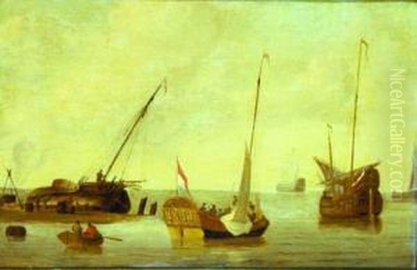 Shipping In A Calm Sea With A Fishing Boat Being Retarred Oil Painting by Jacob Esselens