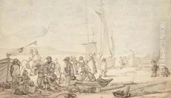 Des Personnages Sur Une Cote Avec Des Bateaux De Peche A L'arriereplan Oil Painting by Jacob Esselens