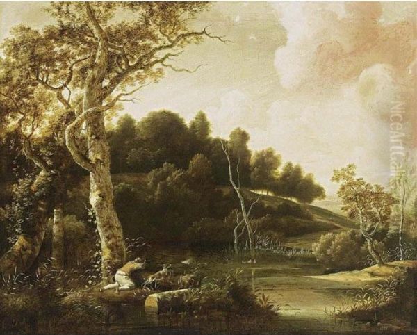 A Wooded River Landscape With A Sportsman Shooting Ducks Oil Painting by Jacob Esselens