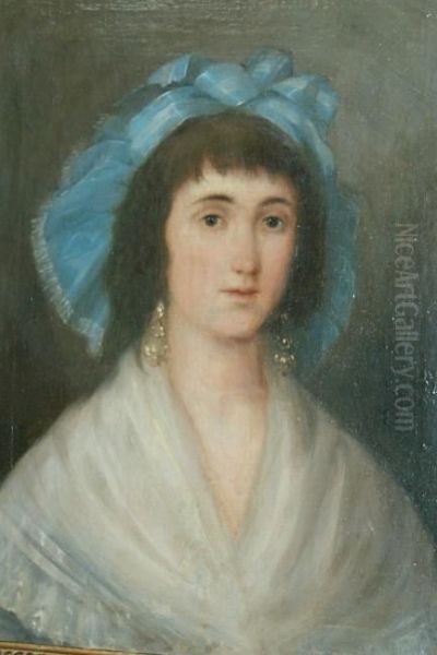 Portrait Of A Lady With A Blue Hat Oil Painting by Augustin Esteve