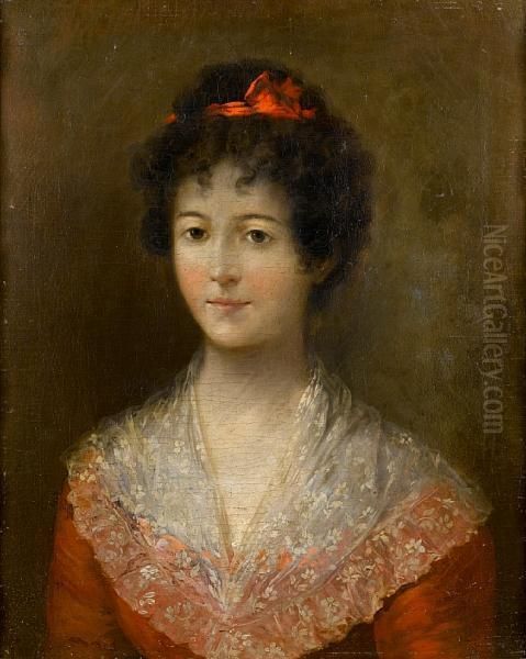 Portrait Of A Lady, Half-length,
 In A Reddress, With A Lace Shawl And A Red Ribbon In Her Hair Oil Painting by Augustin Esteve