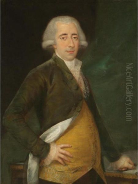 Portrait Of A Gentleman, Three Quarter Length, Wearing A Yellow Waistcoat And Green Coat Oil Painting by Augustin Esteve