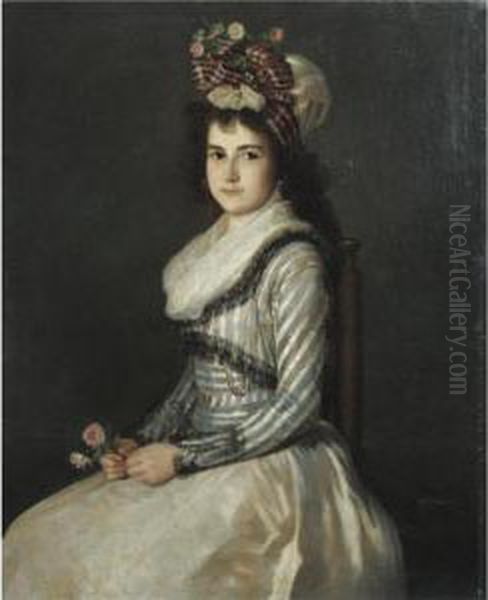 Portrait Of A Young Woman Holding Two Roses Oil Painting by Augustin Esteve