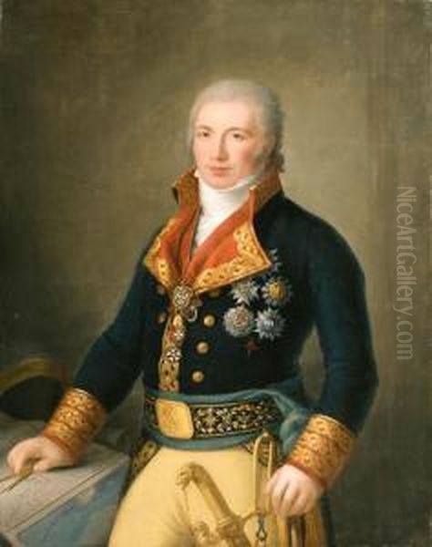 Portrait Of Don Manuel Godoy, 
Duque De Alcudia, Principe De La Paz,standing Three-quarter Length, 
Wearing A Blue Uniform With Theorder Of The Golden Fleece, Pointing At 
Maps Of The Straits Ofgibraltar And The New Indies Oil Painting by Augustin Esteve