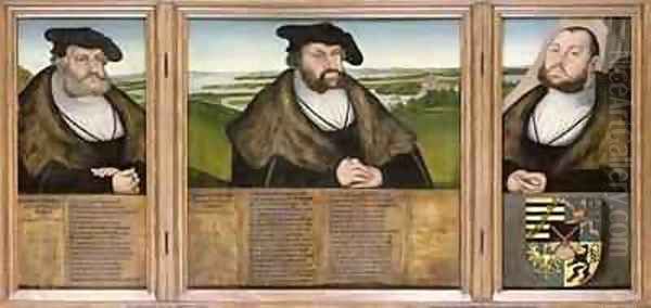 Electors of Saxony Friedrich the Wise 1482-1556 Johann the Steadfast 1468-1532 and Johann Friedrich the Magnanimous 1503-54 Oil Painting by Lucas The Elder Cranach