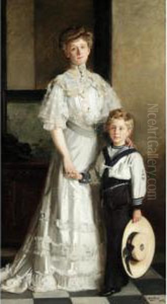 Portrait Of A Woman And Her Son In A Sailor Suit Oil Painting by Denis Etcheverry