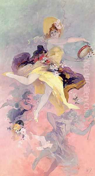 Dancer with a Basque Tambourine Oil Painting by Jules Cheret