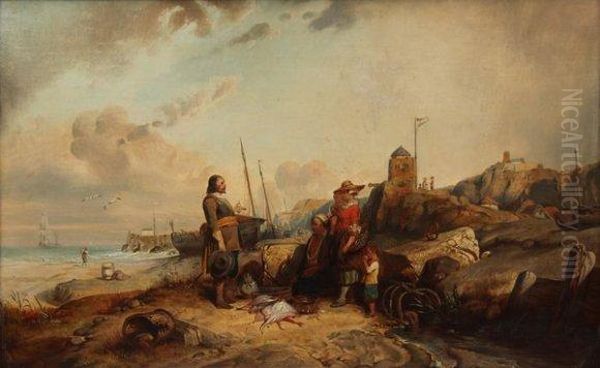 La Marchande De Poissons Sur La Plage Oil Painting by Eugene Isabey