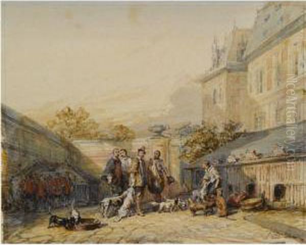 Huntsmen In 17th Century Dress With Their Hounds In A Courtyard,the Hague Oil Painting by Eugene Isabey