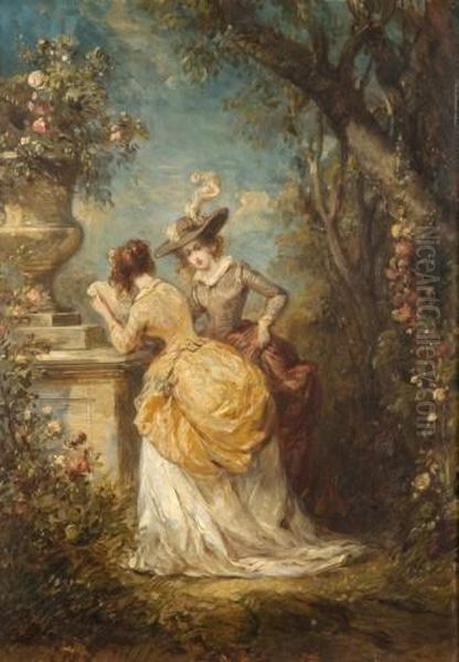 Deux Elegantes Lisant Une Lettre Dans Un Parc Oil Painting by Eugene Isabey