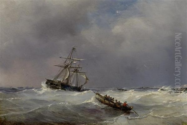 Marine With Dutch Sailing Ship And Life Boat Oil Painting by Eugene Isabey