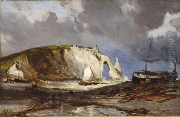 . Arrivee Des Pecheurs A Etretat. Huile Sur Panneau Monogrammee Et Oil Painting by Eugene Isabey