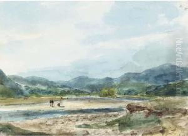 A Hilly Landscape With Figures Near A River Oil Painting by Eugene Isabey