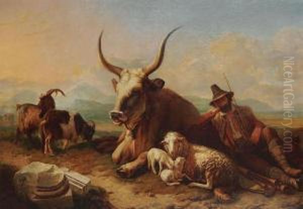 Resting Hunter With Bull, Sheep And Goats Oil Painting by Eugene Verboeckhoven