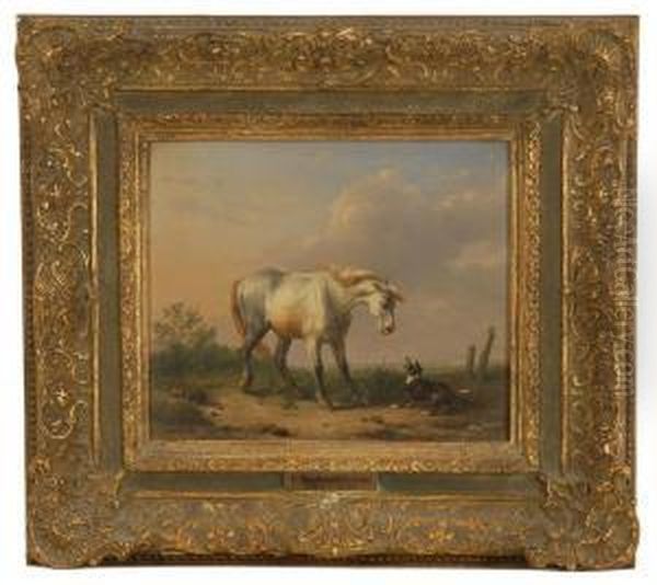 Standoff Between A White Horse And A Barking Dog Oil Painting by Eugene Verboeckhoven