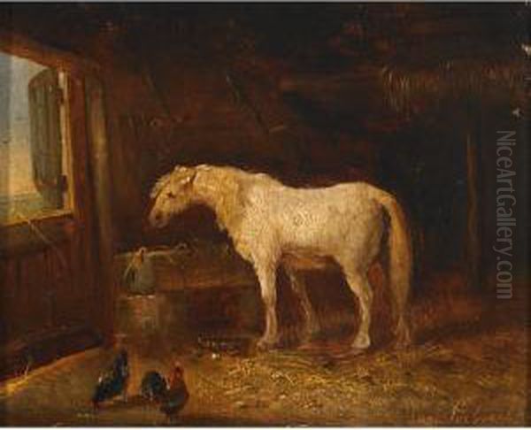 Horse And Poultry In A Stable Oil Painting by Eugene Verboeckhoven