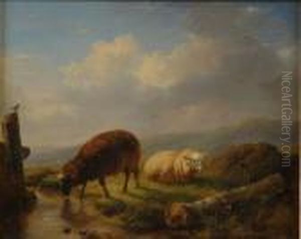 Belgian Sheep In A Moorland Landscape Oil Painting by Eugene Verboeckhoven