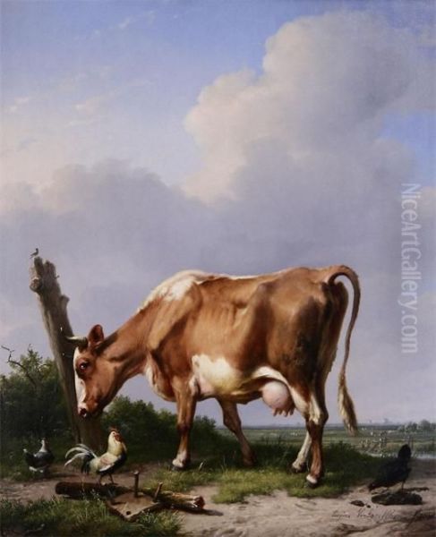 Landscape With Cow, Cock And Chickens Oil Painting by Eugene Verboeckhoven