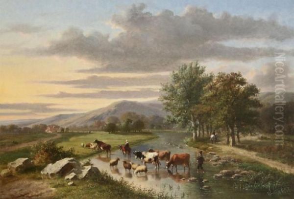 Shepherd With Cattle At Dusk Oil Painting by Eugene Verboeckhoven