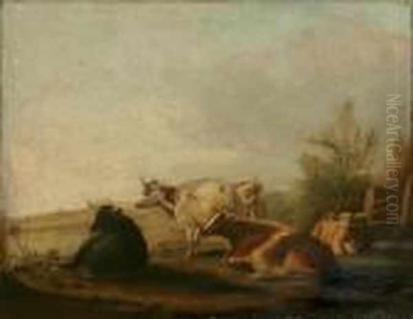 Cattle In Landscape Oil Painting by Eugene Verboeckhoven